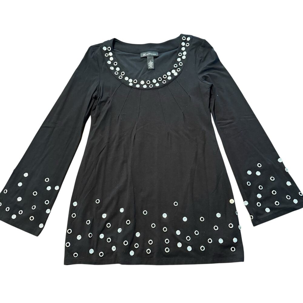 INC International Concepts Ladies black jersey tunic shirt, gems, grommets, S